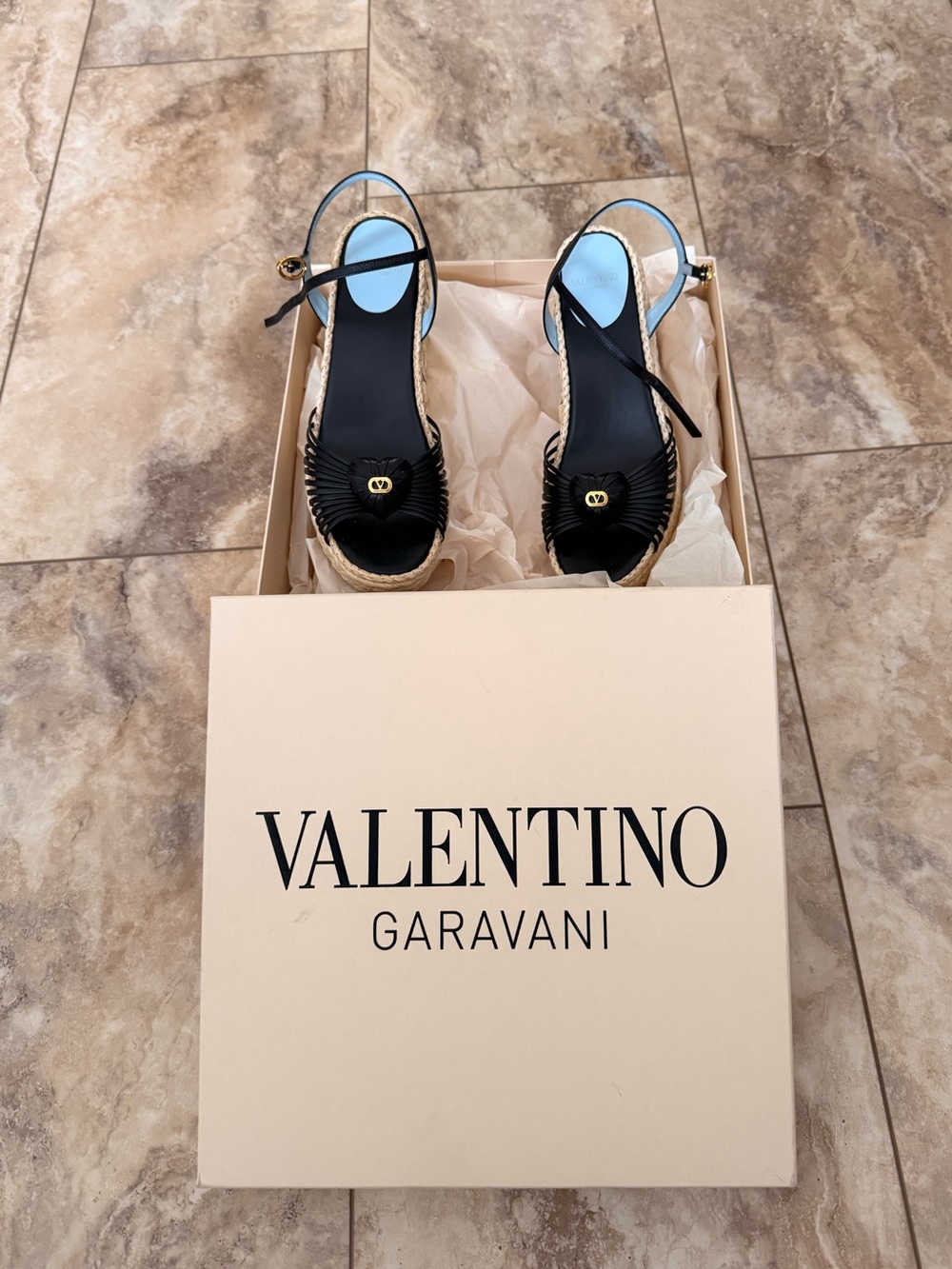Valentino Garavani Black Leather Espadrille Wedge Sandals with Gold Accent